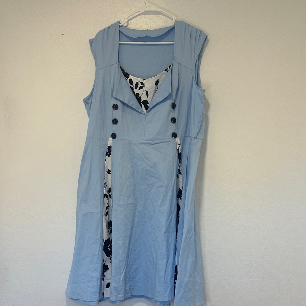 5xl Blue Sleeveless Dress Polka Dot Retro Vintage Style‎ Cocktail Party Swing